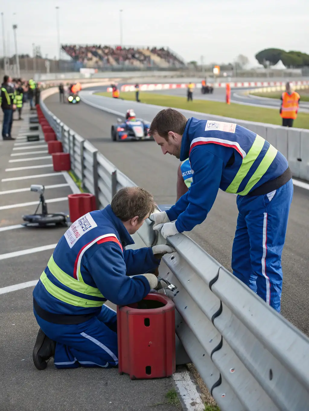 A vibrant scene of community members volunteering at a local motorsport event, assisting with track setup, registration, and providing support to participants.