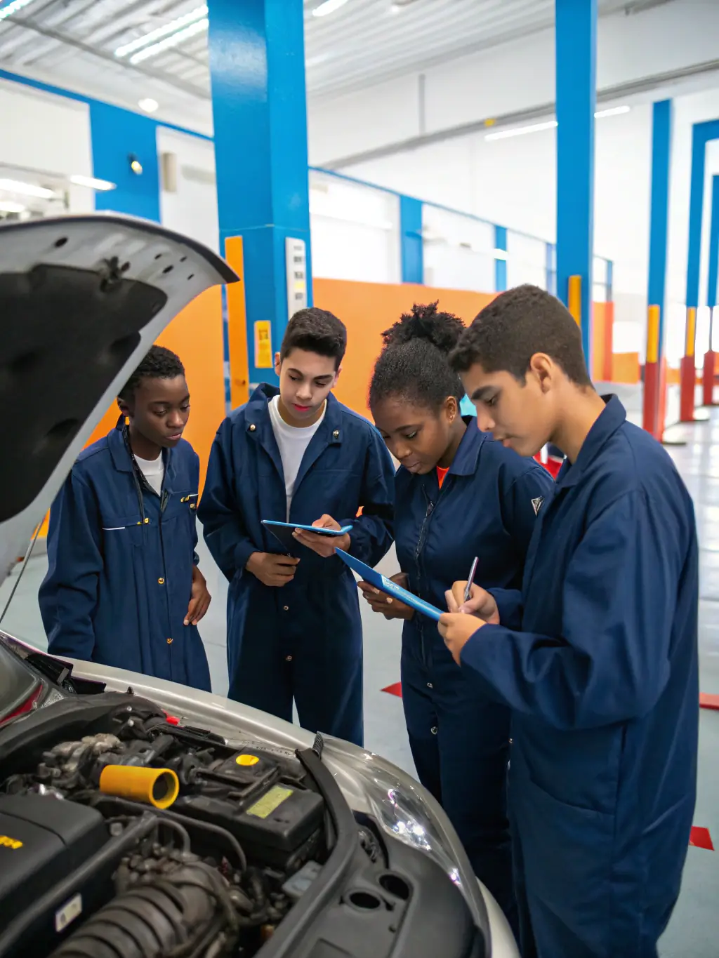 A diverse group of young adults participating in a motorsport safety workshop, learning about vehicle maintenance and safe driving techniques in a classroom setting.