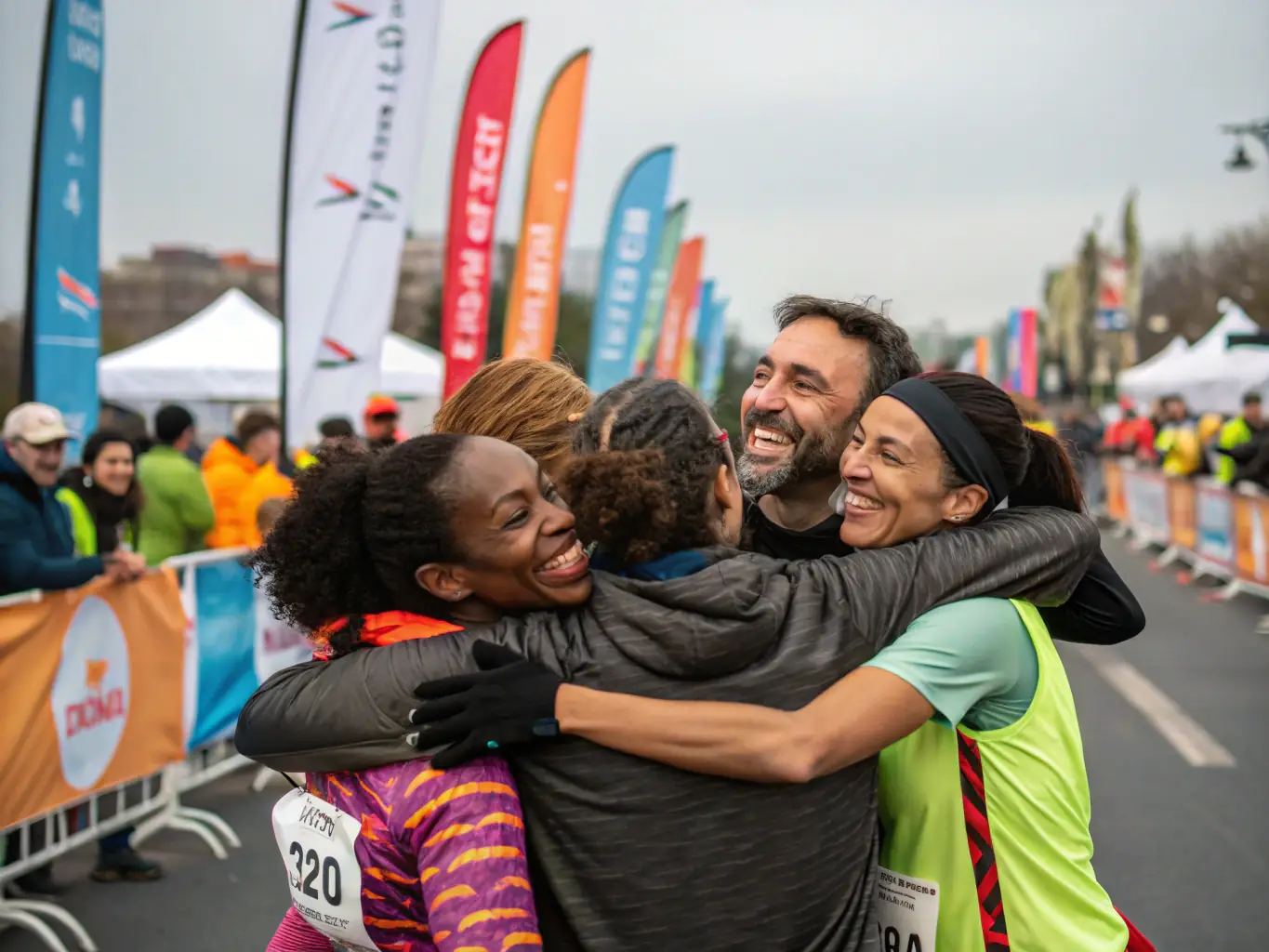 A vibrant image of a diverse group of participants celebrating a successful motorsport event, showcasing teamwork and community spirit.