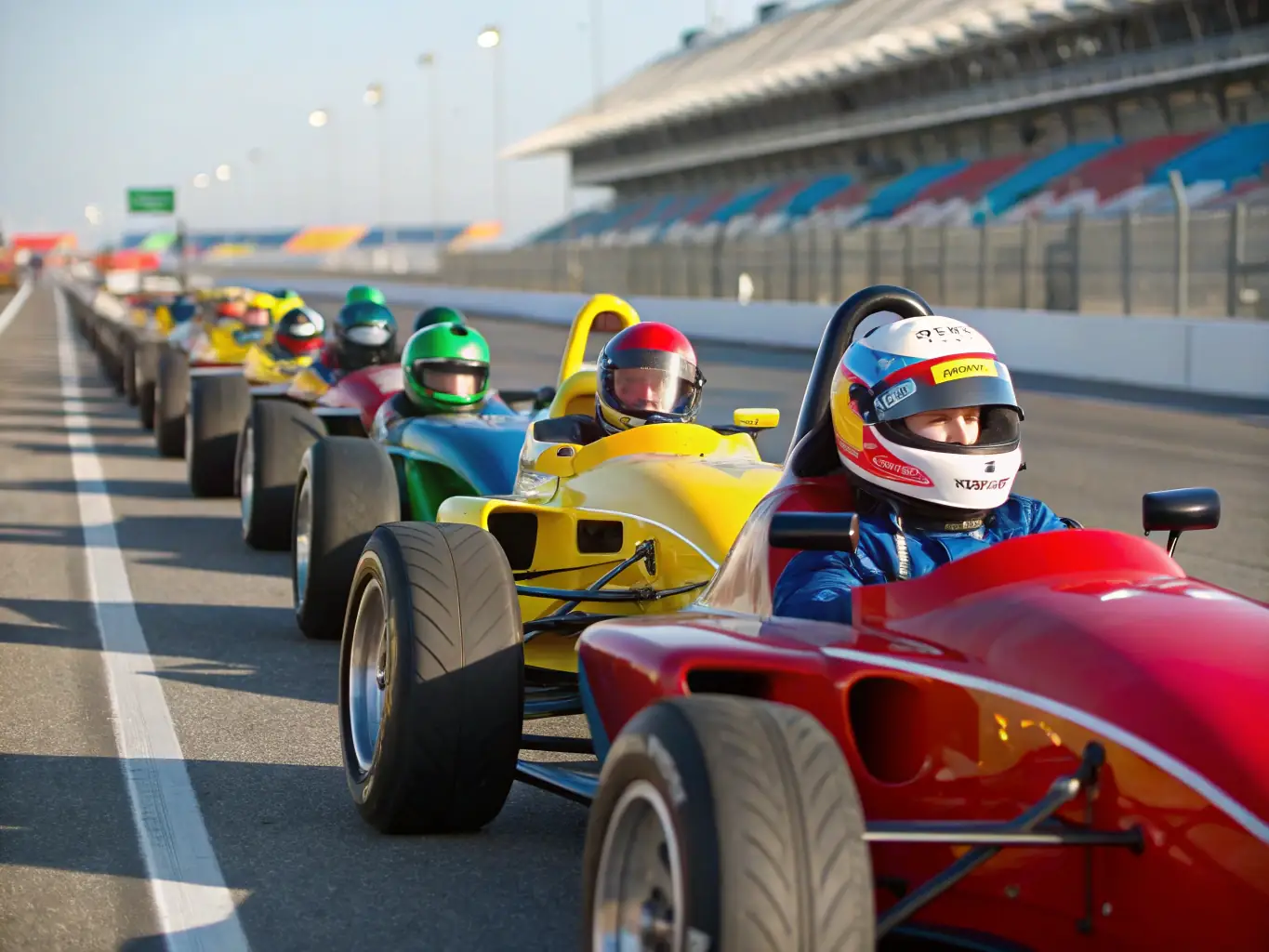 A dynamic image capturing a JMCK EXPERIENCE-organized automotive sporting event, with participants competing in a friendly and structured environment. The focus is on teamwork, sportsmanship, and the thrill of motorsports.