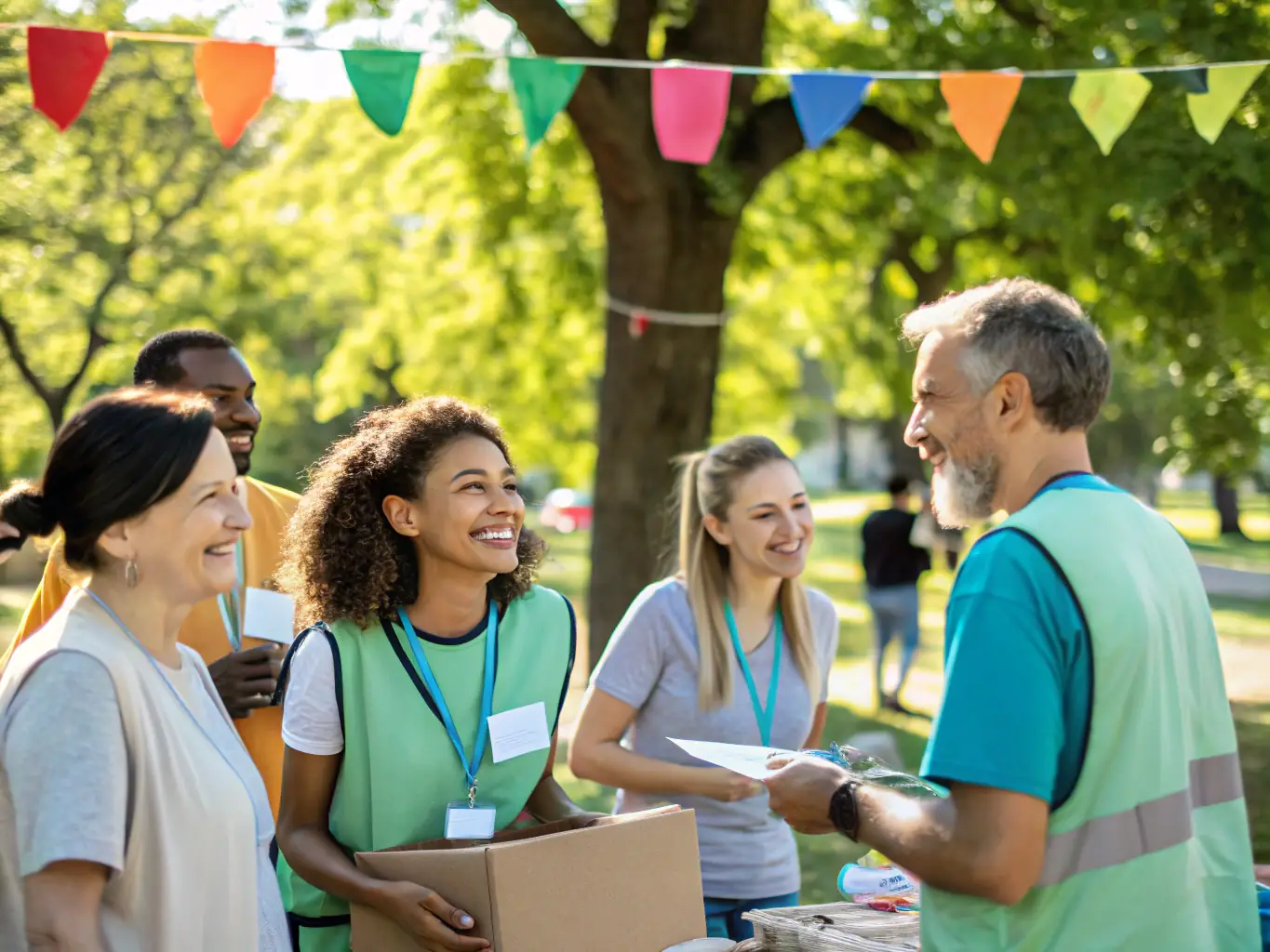 A heartwarming image depicting JMCK EXPERIENCE volunteers engaging with the local community, promoting safe driving practices and motorsports awareness. The setting is a community event, emphasizing the organization's commitment to social responsibility.