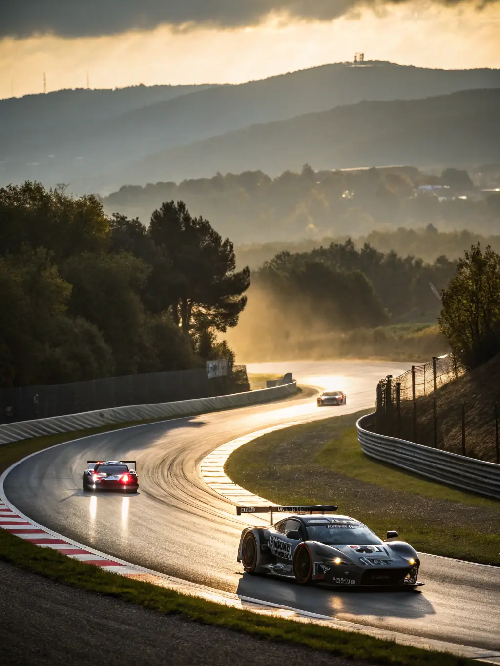A high-energy shot of participants competing in a controlled motorsport event, showcasing their driving skills and adhering to strict safety regulations on a professional track.