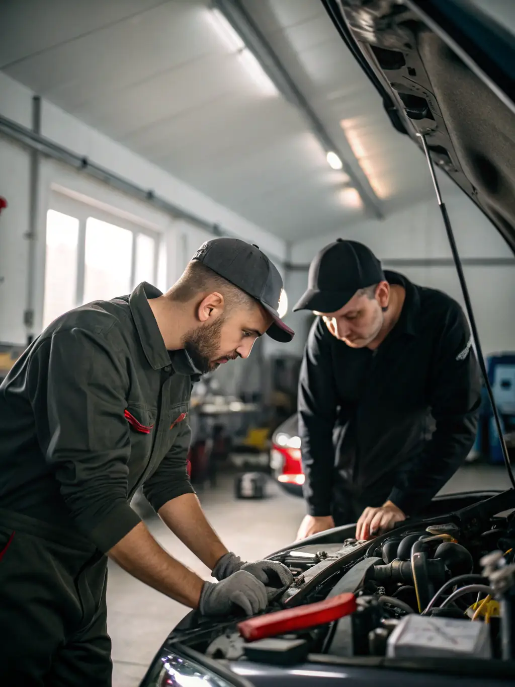 An image of a group of participants working together on a race car, emphasizing teamwork and technical skill development.