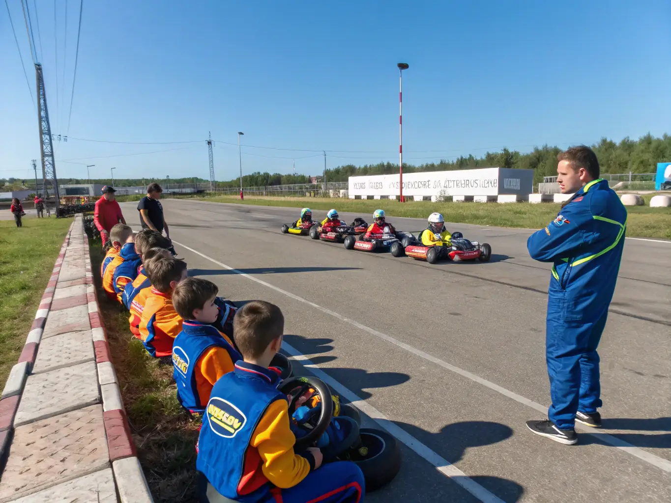 A vibrant image showcasing participants in a JMCK EXPERIENCE motorsports training session, with instructors providing guidance and support. The setting is a professional racing circuit, emphasizing the organization's commitment to high-quality training.